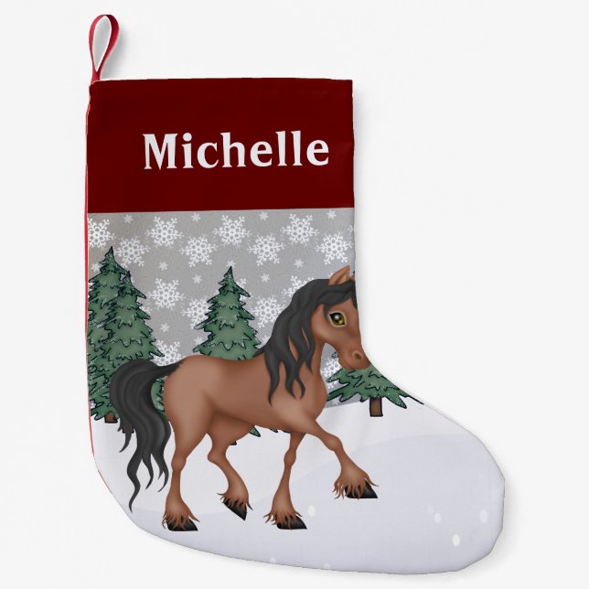 Personalized Cute Brown Horse Winter Scene Small Christmas Stocking (Front)