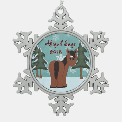 Personalized Cute Brown Horse with Heart Star Snowflake Pewter Christmas Ornament
