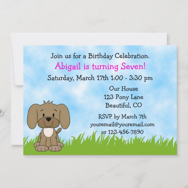 Personalized Cute Brown Puppy Dog Girls Birthday Invitation (Front)
