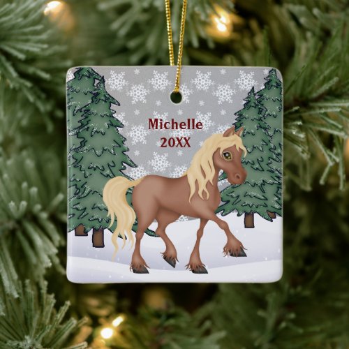 Personalized Cute Brown Winter Horse Christmas Ceramic Ornament