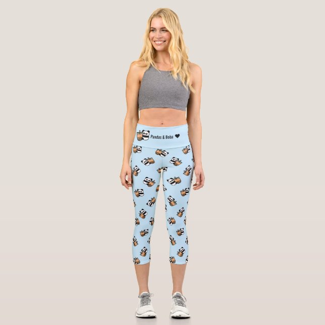 Personalized Cute Bubble Tea & Panda Bear Capri Leggings (Front)