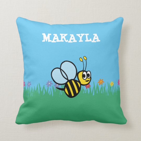 Personalized Cute Bumble Bee in Garden Throw Pillow