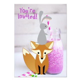 Personalized Cute Bunny and Fox Milkshake Birthday Card