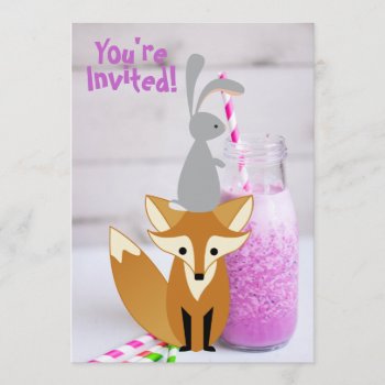 Personalized Cute Bunny And Fox Milkshake Birthday Invitation by TheCutieCollection at Zazzle