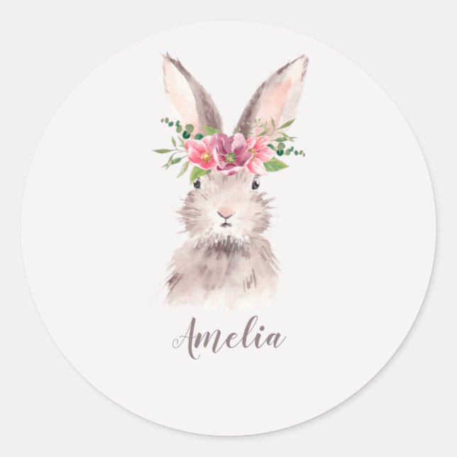 Personalized Cute Bunny Classic Round Sticker (Front)