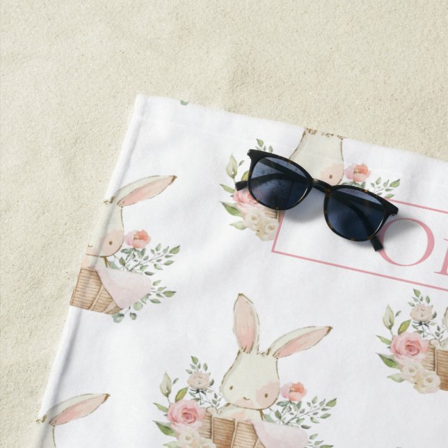 Personalized Cute Bunny Rabbit Floral  Beach Towel (In Situ)
