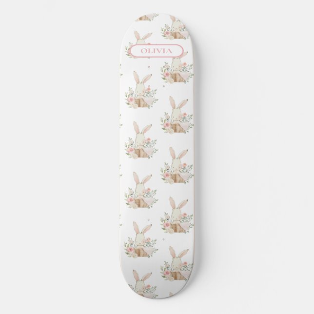 Personalized Cute Bunny Rabbit Floral Skateboard (Front)
