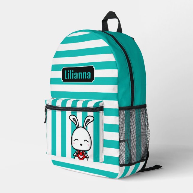 Personalized Cute Bunny Turquoise Stripped Printed Backpack (Back Corner Right)