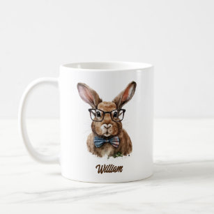 Personalized cute bunny with glasses watercolor coffee mug