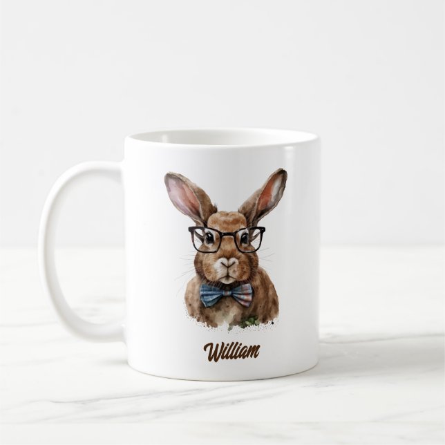 Personalized cute bunny with glasses watercolor coffee mug (Left)