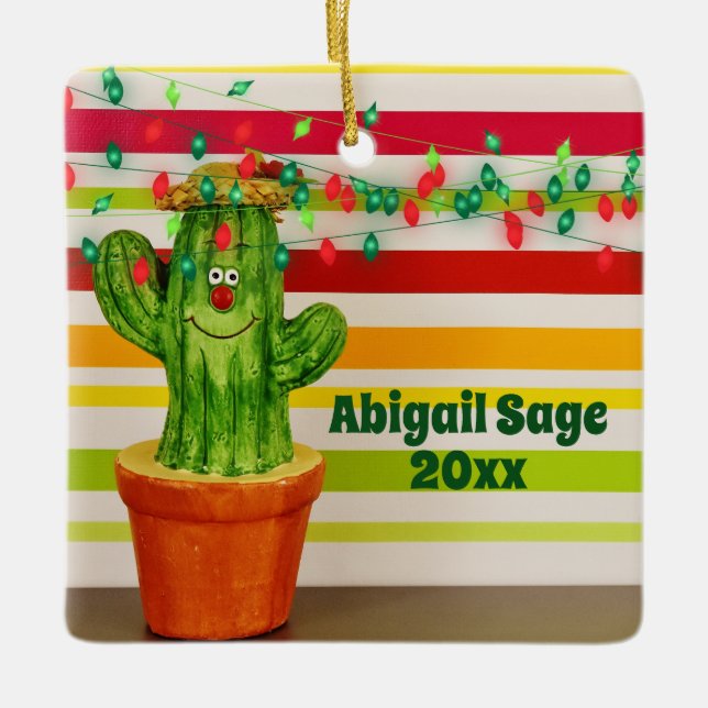Personalized Cute Cactus Southwestern Christmas Ceramic Ornament (Front)