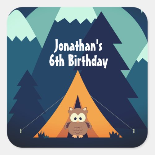 Personalized Cute Camping Tent and Owl Birthday Square Sticker