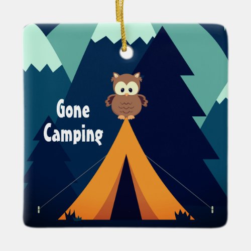 Personalized Cute Camping Tent and Owl Christmas Ceramic Ornament