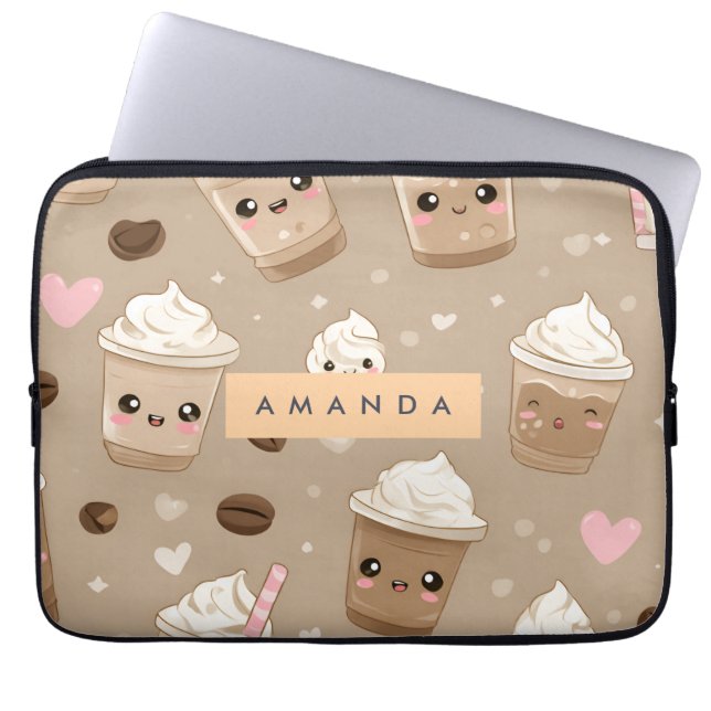 Personalized Cute Cappuccino Pattern Laptop Sleeve (Front)