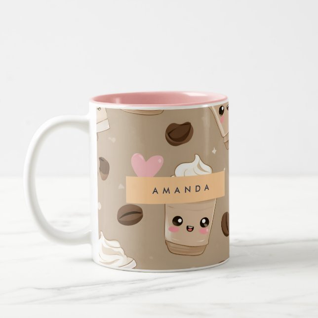 Personalized Cute Cappuccino Pattern Two-Tone Coffee Mug (Left)