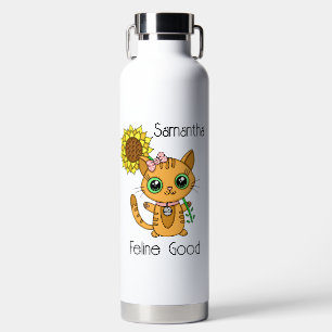 Personalized Cute Cartoon Kitty Cat Pun Water Bottle