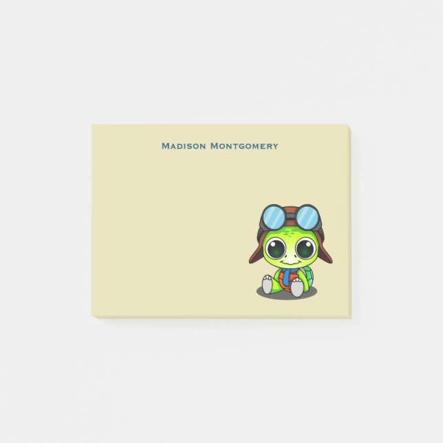 Personalized Cute Cartoon Turtle in Aviator Hat Post-it Notes (Front)