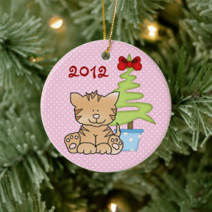 Personalized Cute Cat and Christmas Tree on Pink Ceramic Ornament