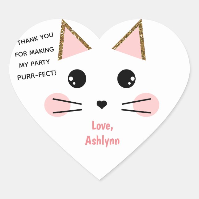 Personalized Cute Cat Birthday Favor Heart Sticker (Front)
