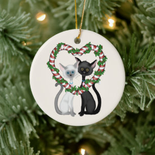 Personalized Cute Cat Couple and Candy Cane Wreath Ceramic Ornament