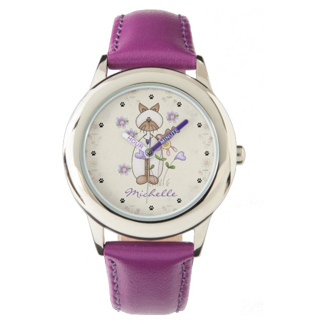 Personalized Cute Cat, Flowers, Paw Prints Girls Watch (Front)