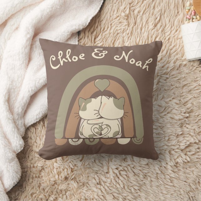 Personalized Cute Cat Love Rainbow Valentines Day  Throw Pillow (Blanket)
