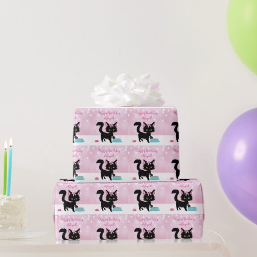 Personalized Cute Cat Pink and White Girl Birthday Wrapping Paper