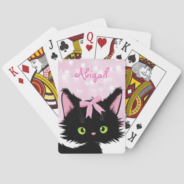Personalized Cute Cat Pink and White Kitten Poker Cards (Back)