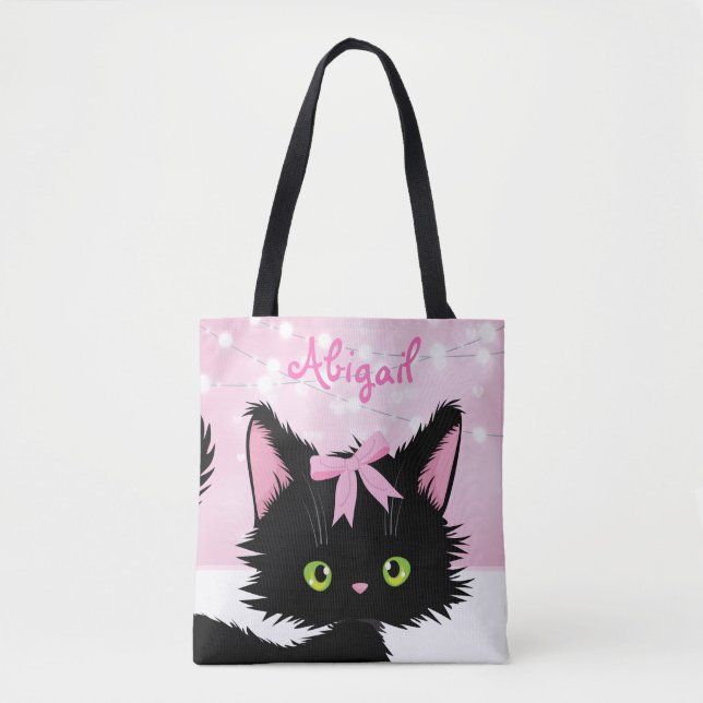 Personalized Cute Cat Pink and White Kitten Tote Bag (Front)