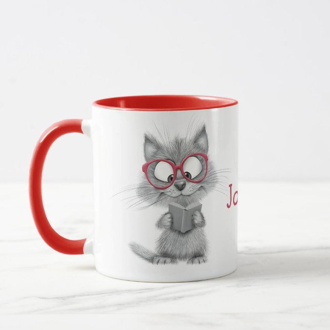 Personalized Cute Cat Reading Mug with Red Handle (Left)
