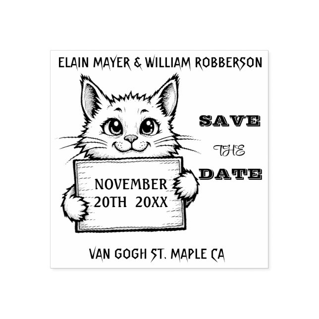 Personalized Cute Cat Save the DateWood Art Stamp (Imprint)