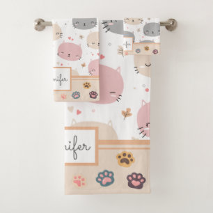 Personalized Cute Cat Seamless Pattern Kids Bath Towel Set