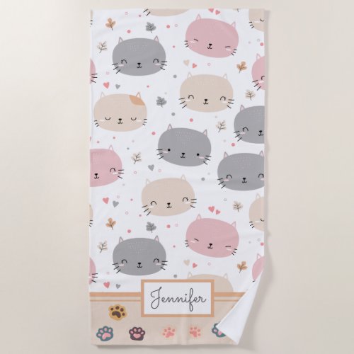 Personalized Cute Cat Seamless Pattern Kids Beach Towel