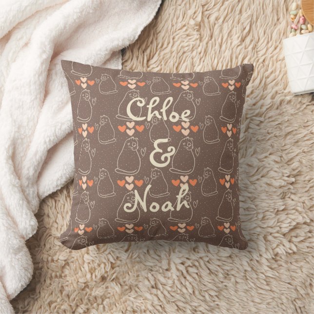 Personalized Cute Cat Valentine's Day Couple Throw Pillow (Blanket)