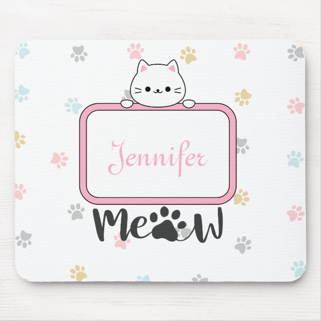 Personalized Cute Cat with Name and Paw Prints Mouse Pad (Front)