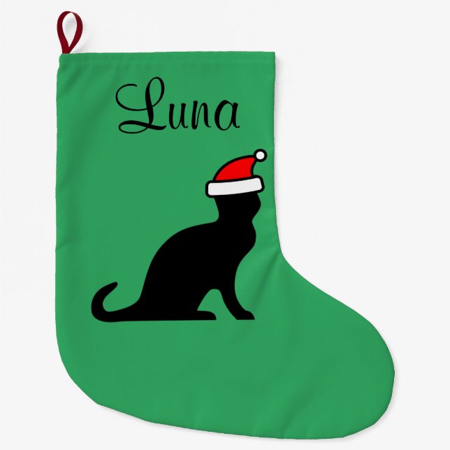Personalized cute cat with Santa hat pet animal Large Christmas Stocking (Front)