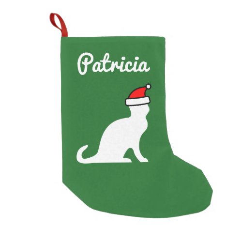 Personalized cute cat with Santa hat red and green Small Christmas Stocking