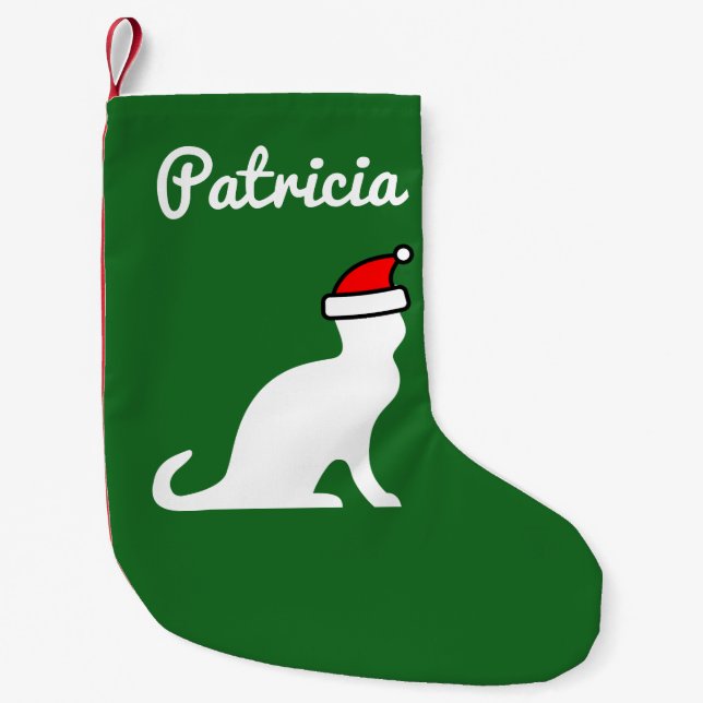 Personalized cute cat with Santa hat red and green Small Christmas Stocking (Front)