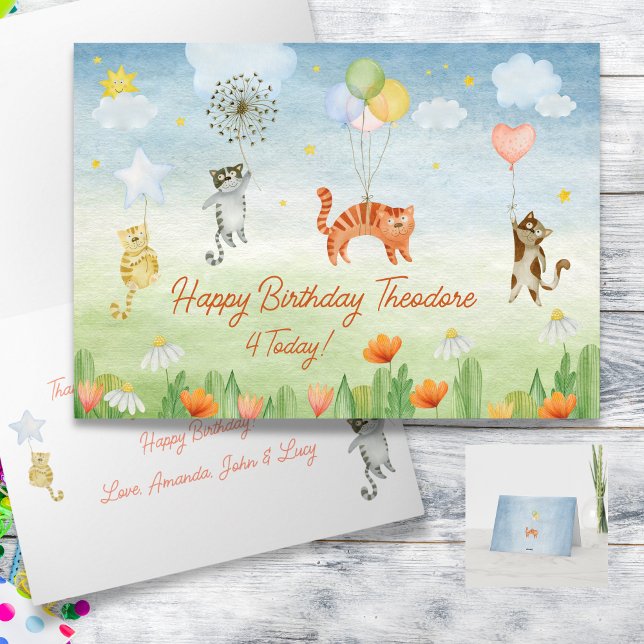 Personalized Cute Cats and Balloons Birthday Card  (Personalized Cute Cats and Balloons Birthday Card)