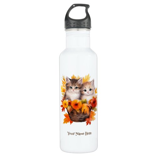 Personalized Cute Cats in Basket Stainless Steel Water Bottle