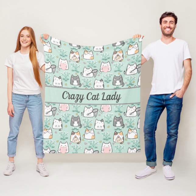 Personalized Cute Cats Mint Green Gray Pink  Fleece Blanket (In Situ)