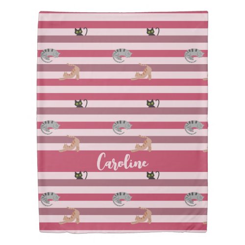 Personalized Cute Cats Pink Purple Stripes Pattern Duvet Cover