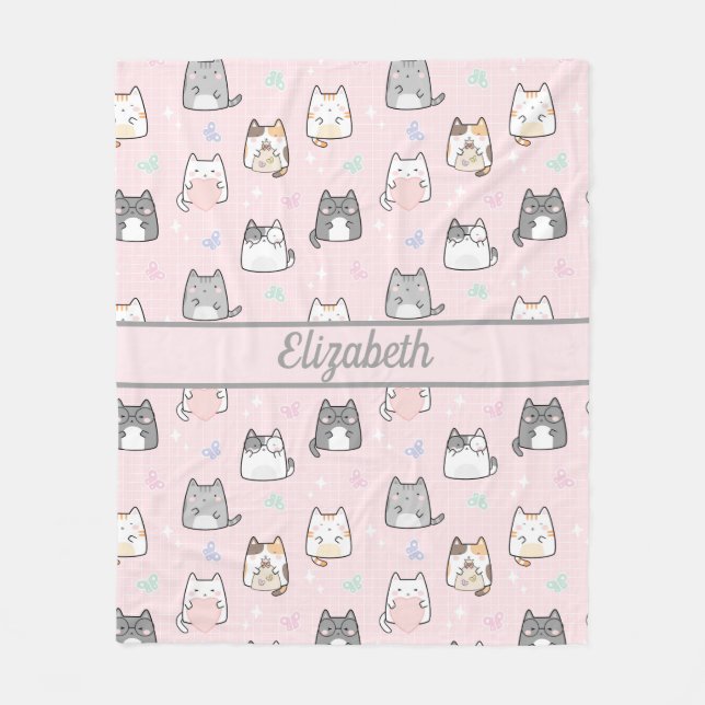 Personalized Cute Cats Whimsical Gray Pink  Fleece Blanket (Front)