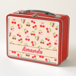 Personalized Cute Cherry Dessert Pattern Name Metal Lunch Box