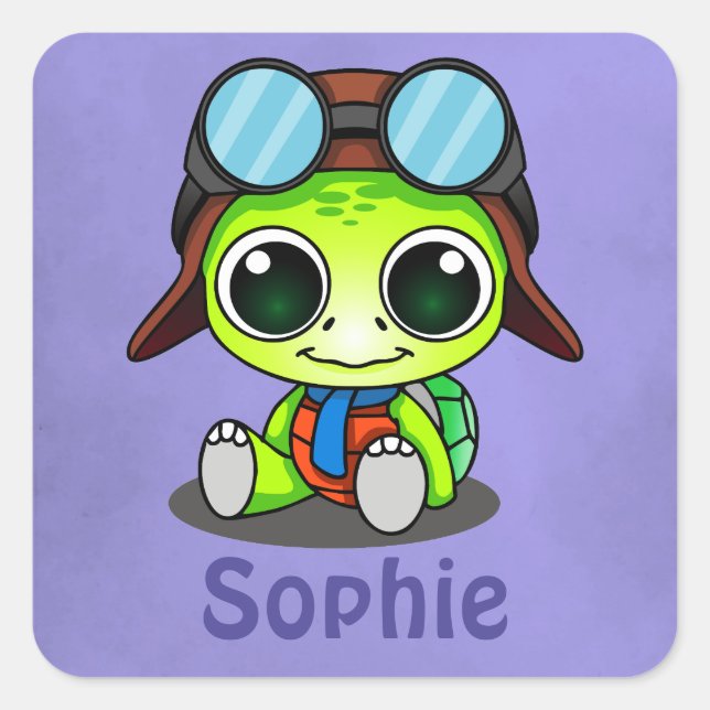Personalized Cute Chibi Cartoon Turtle Square Sticker (Front)