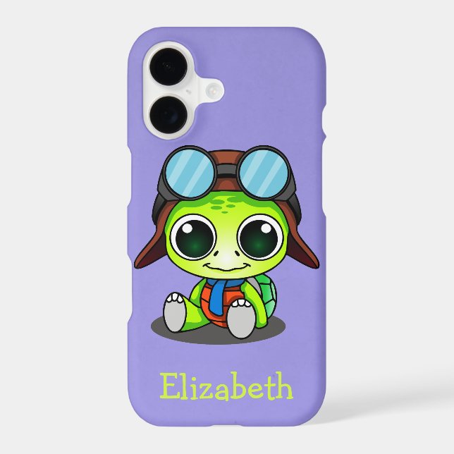 Personalized Cute Chibi Turtle in Aviator Hat Iphone Case (Back)