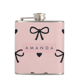 Personalized Cute Chic Pink Bow & Heart Pattern Flask