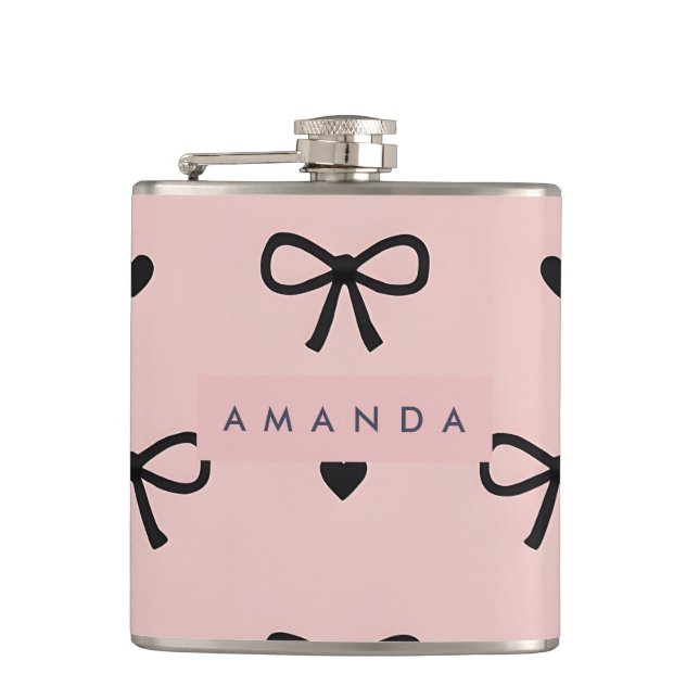 Personalized Cute Chic Pink Bow & Heart Pattern Flask (Front)