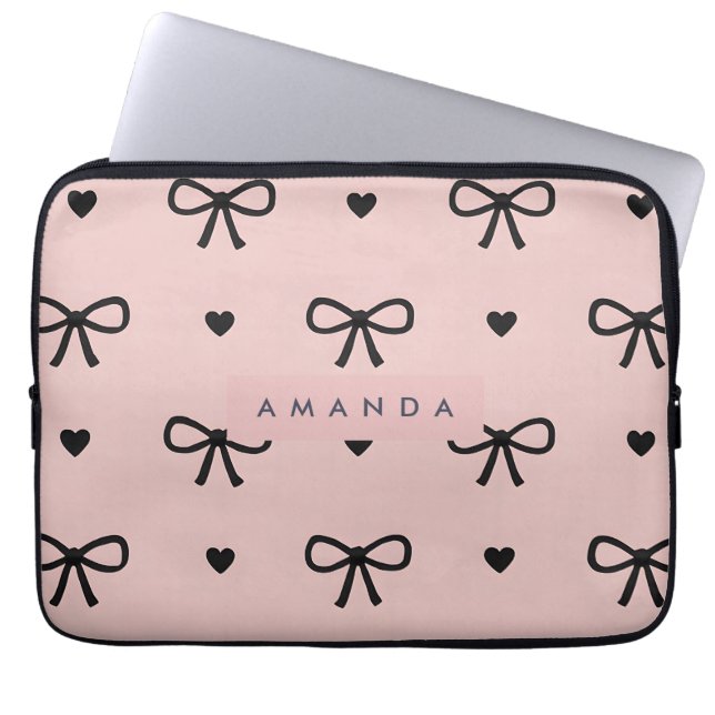 Personalized Cute Chic Pink Bow & Heart Pattern Laptop Sleeve (Front)