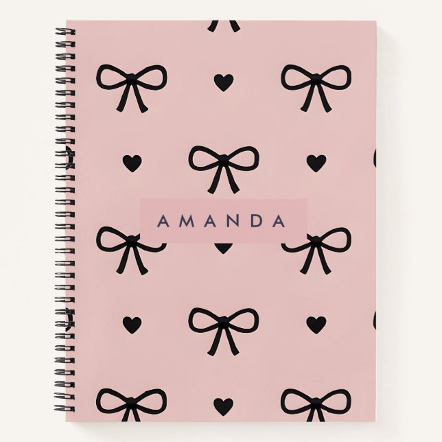 Personalized Cute Chic Pink Bow & Heart Pattern Notebook (Front)